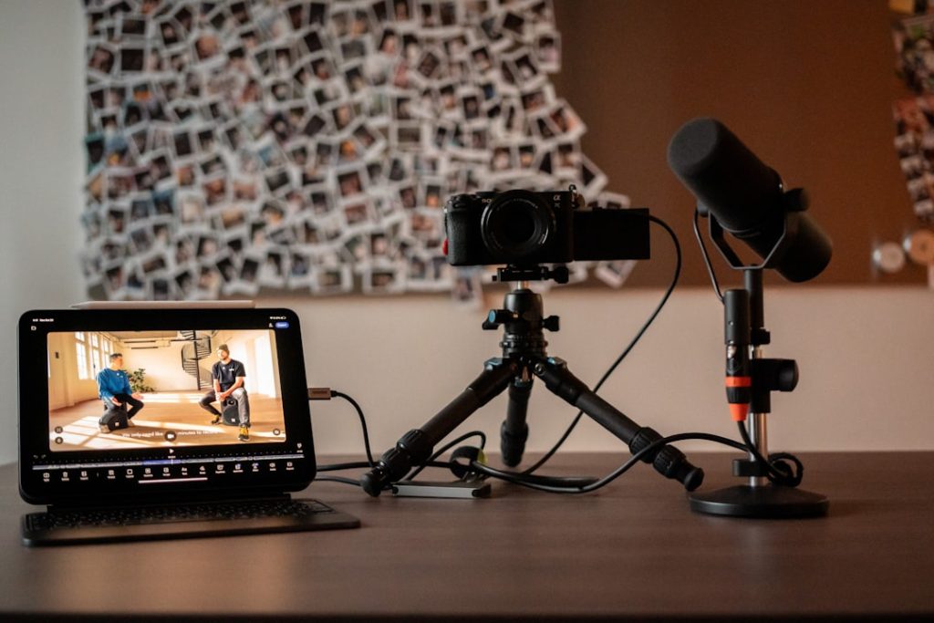 camera-microphone-and-monitor-on-a-desk-henzpj-kwg0 Shot in the Detail studio while recording a professional podcast. Detail makes it easy to record and share professional video podcasts — all in one app.